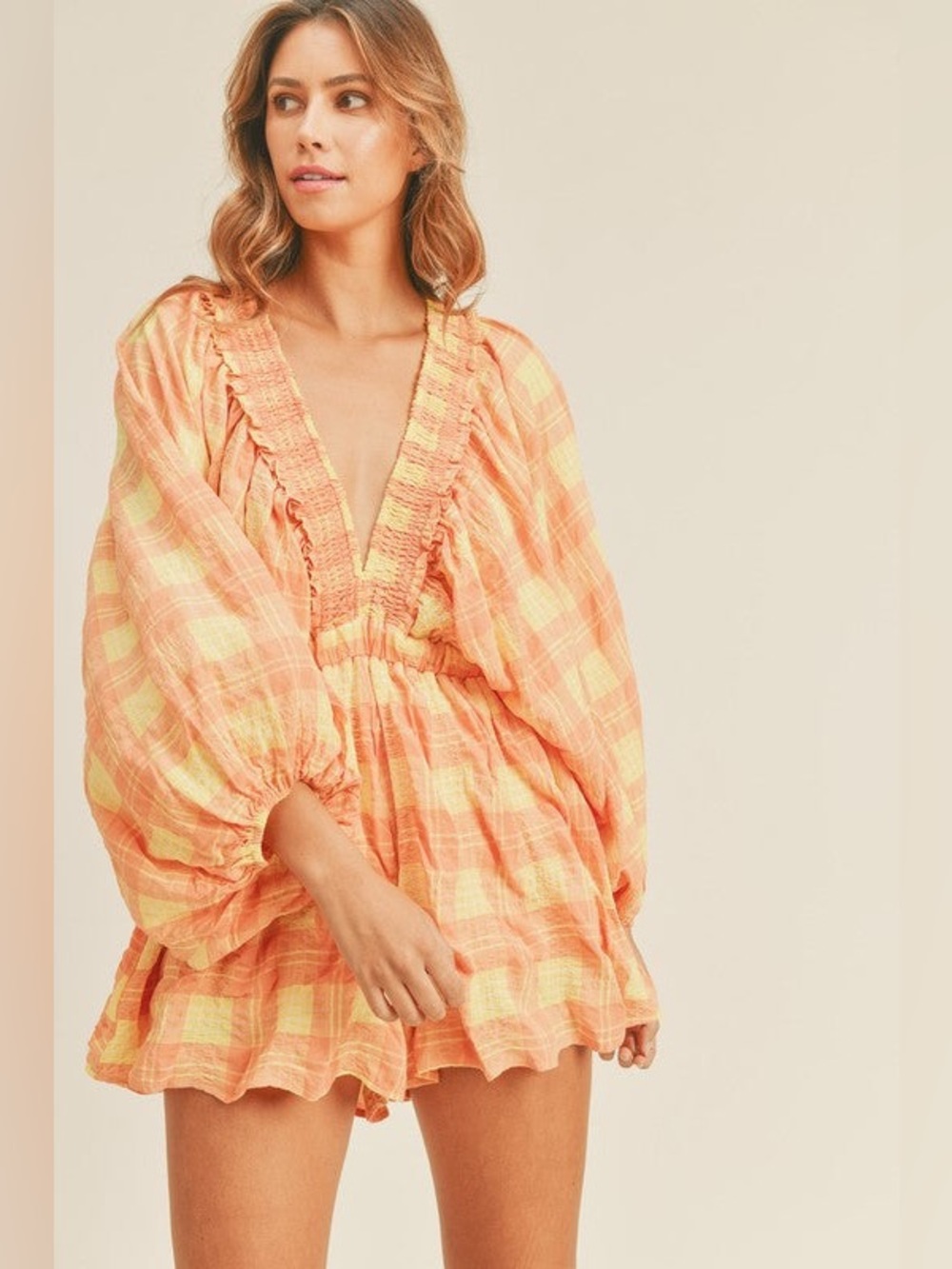 Mable Women’s Orange and Yellow Plaid Romper Gingham Size Medium Summer